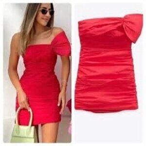 New Zara Strawberry Red Ruched Mini Dress one shoulder with Bow Size M